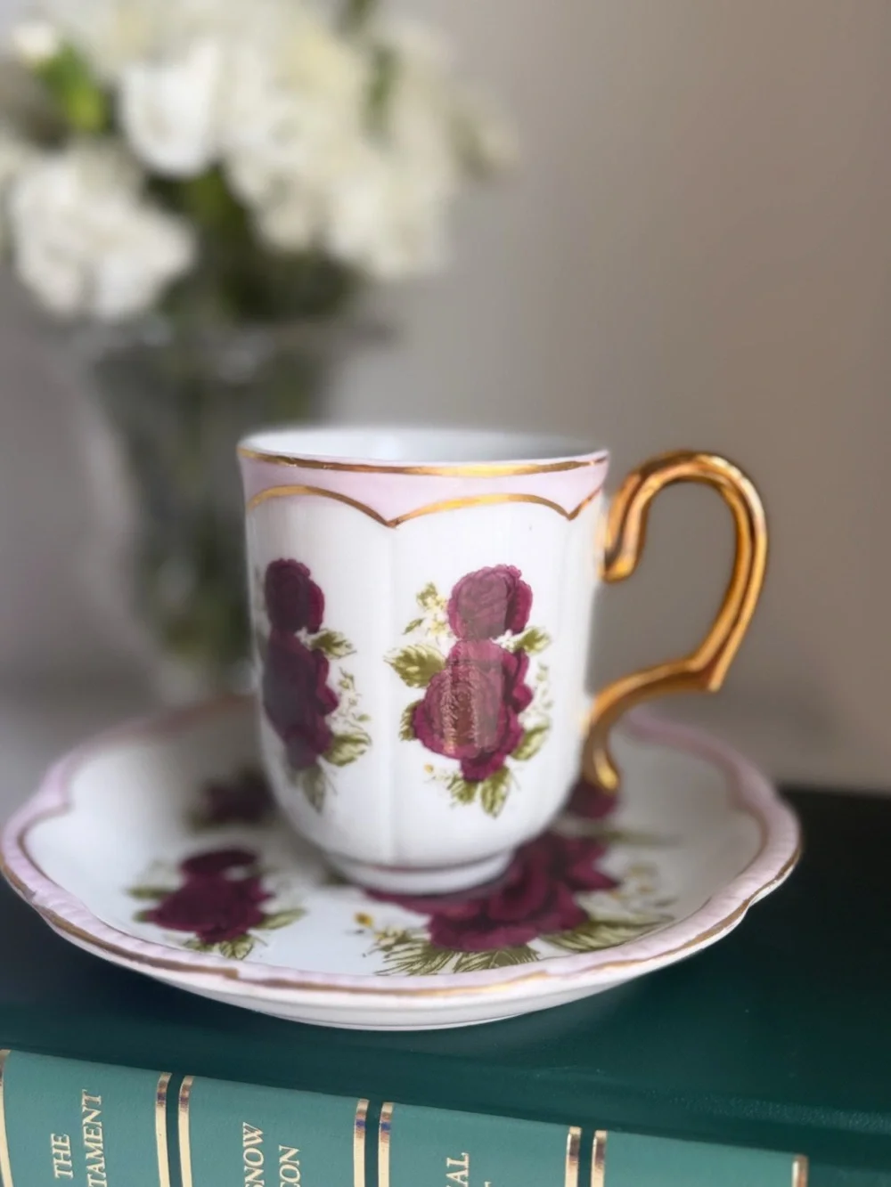 Porcelain Tea Cup and Saucer with Burgundy Rose Pattern and Gold Handle